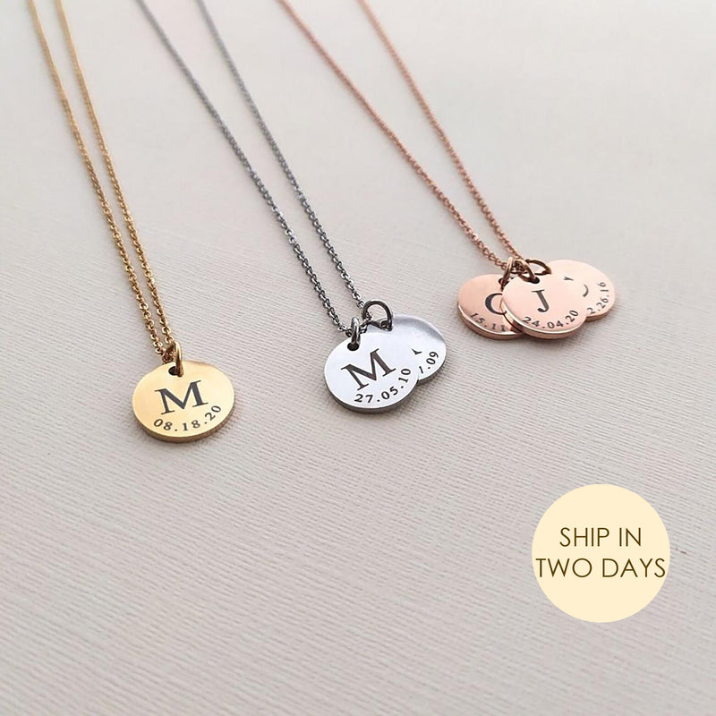 Personalized Initial Disc Name Necklace, Multiple Initial and Date Necklace Charms for Jewelry Necklace Stainless Steel Customized Mom Gift