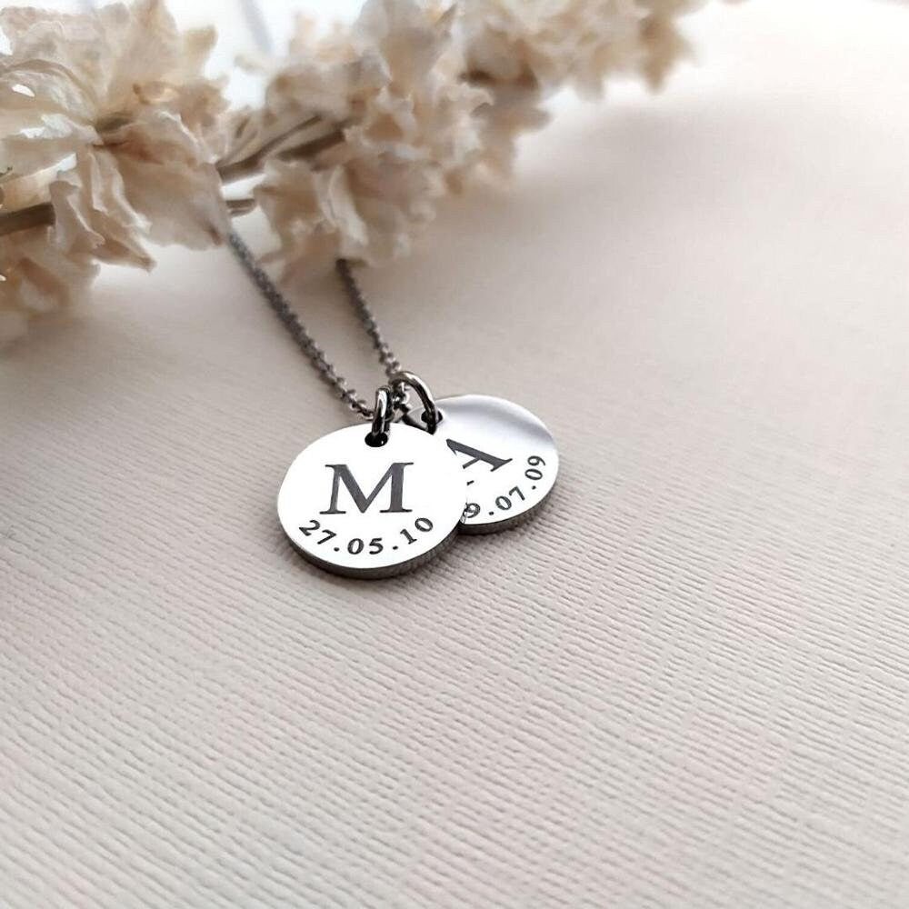 Personalized Initial Disc Name Necklace, Multiple Initial and Date Necklace Charms for Jewelry Necklace Stainless Steel Customized Mom Gift 40