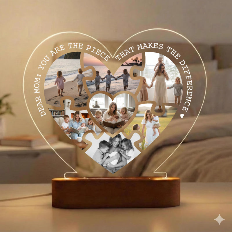 Custom Heart Photo Night Light, Personalized 7-Picture Puzzle Lamp, Mother’s Day Gift from Kids, Anniversary Gift for Her, 3 Color Modes Dimmable USB LED Lamp