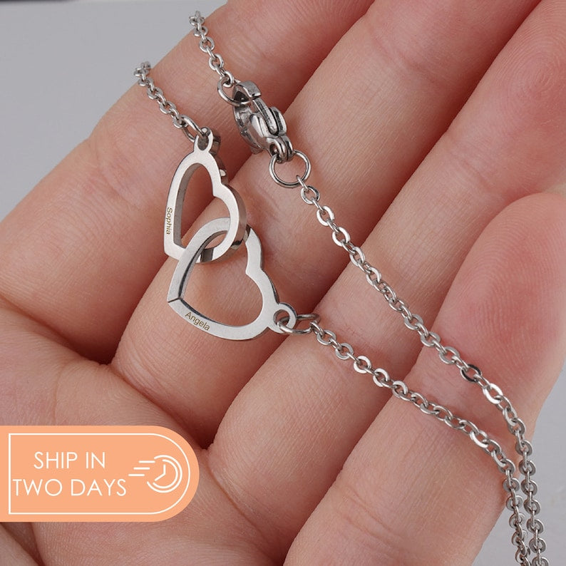 Double Heart Intertwined Necklace, Linked Love Hearts Necklace, Silver Heart Necklace, Gold Heart Necklace, Anniversary Gift, Gift for Her