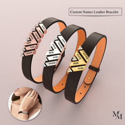 Personalized Family Names Leather Bracelet, Custom Mom Bracelet, Engraved Kids Name Jewelry, Gift for Dad, Adjustable Leather Band Bracelet