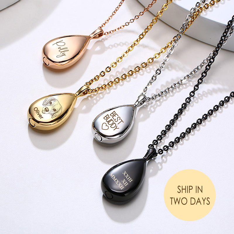 Personalized Pet Memorial Necklace, Custom Teardrop Ashes Urn Pendant, Engraved Pet Loss Jewelry, Cremation Keepsake Gift for Dog Cat Lovers