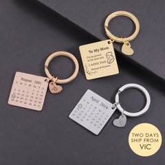 Personalized Calendar Keychain, Custom Date Keyring with Heart Charm, Engraved Stainless Steel Gift for Anniversary, Wedding or Birth Gifts