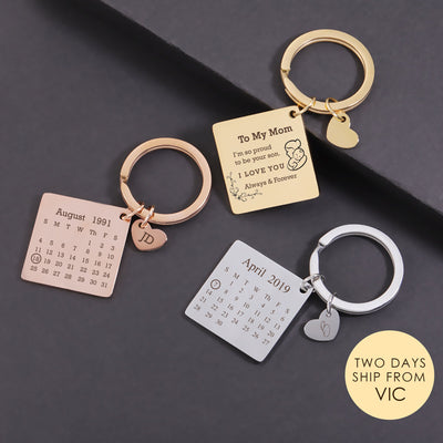 Personalized Calendar Keychain, Custom Date Keyring with Heart Charm, Engraved Stainless Steel Gift for Anniversary, Wedding or Birth Gifts