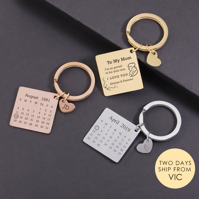 Personalized Calendar Keychain, Custom Date Keyring with Heart Charm, Engraved Stainless Steel Gift for Anniversary, Wedding or Birth Gifts