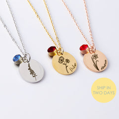 Personalized Birth Flower Necklace with Birthstone, Custom Name Floral Jewelry Gift for Her, Engraved Pendant for Birthday, Mother’s Day