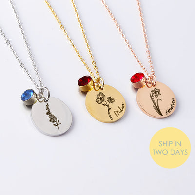 Personalized Birth Flower Necklace with Birthstone, Custom Name Floral Jewelry Gift for Her, Engraved Pendant for Birthday, Mother’s Day