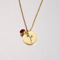 Personalized Birth Flower Necklace with Birthstone, Custom Name Floral Jewelry Gift for Her, Engraved Pendant for Birthday, Mother’s Day
