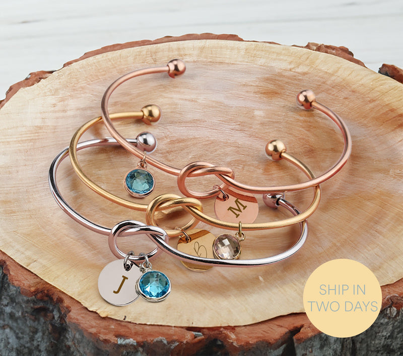 Personalized Knot Bangle Bracelet, Custom Initial Birthstone Gift for Her, Engraved Friendship Bracelet, Bridesmaid Proposal Jewelry
