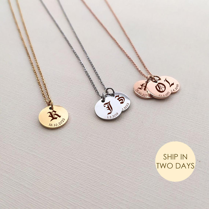 Personalized Old English Initial Disc Necklace Multiple Initial Date Charm Stainless Steel