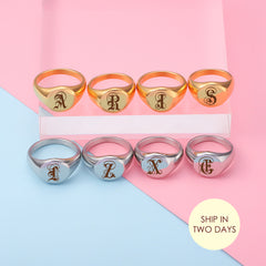 Custom Initial Signet Ring, Personalized Engraved Stainless Steel Ring, Unisex Gold Silver Ring, Romantic Gift for Couples