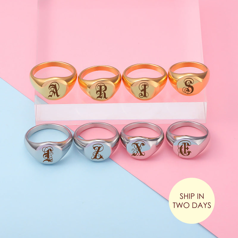 Personalized Initial Signet Ring – Custom Laser Engraved Stainless Steel Ring, Gold Silver Statement Ring, Unisex Gift