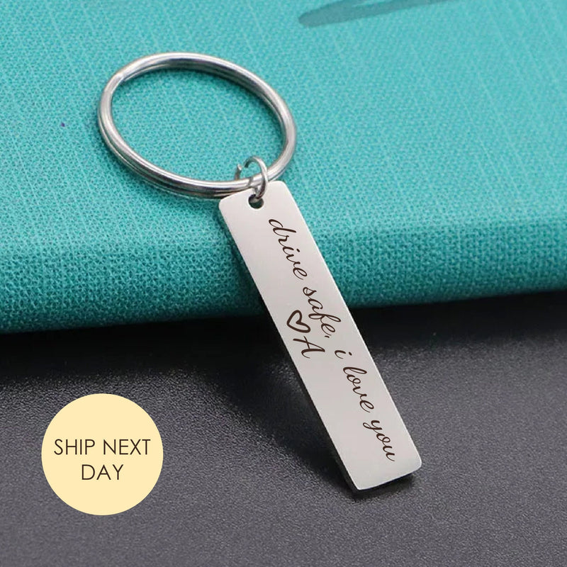 Drive Safe I Love You Keychain, Personalized Stainless Steel Bar Key Ring Gift for Him or Her, Custom Engraved Travel Safety Gift