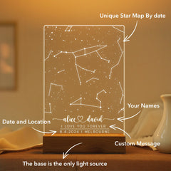 Custom printed star map showcasing the night sky on a specific date, featuring constellations and stars. Ideal for birthdays, anniversaries, and special occasions. Rectangle shape.