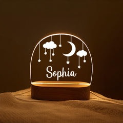 Personalized Moon Night Light for Kids Room, Custom Name Nursery Lamp, Baby Nightlight with Wooden Base, Gift for Newborn or Baby Shower