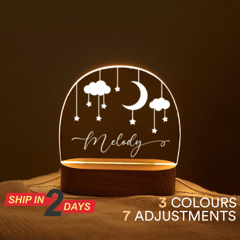 Personalized Moon Night Light for Kids Room, Custom Name Nursery Lamp, Baby Nightlight with Wooden Base, Gift for Newborn or Baby Shower