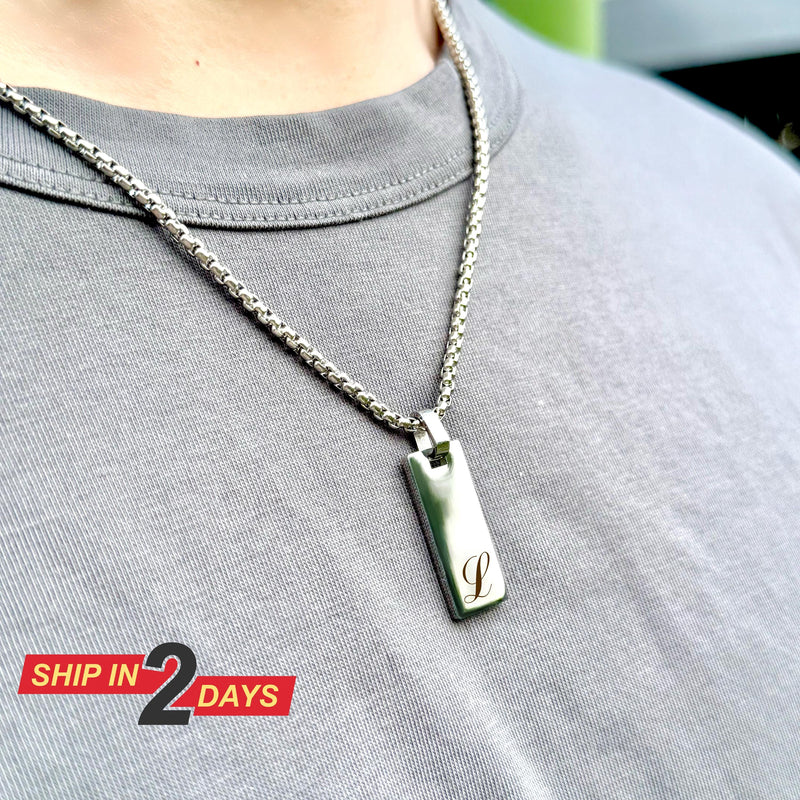 Custom Initial Tag Necklace, Engraved Box Chain Pendant, Personalized Stainless Steel Jewelry for Men, Minimalist Gift for Him