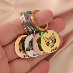 Custom Engraved Pet Portrait Keychain – Personalized Dog Photo Keyring, Cat Memorial Keepsake, Pet Lover Gift Tag