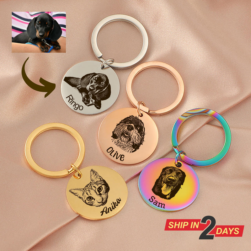 Custom Pet Portrait Keychain, Engraved Dog or Cat Memorial Gift, Personalized Pet Tag Key Ring for Pet Lovers, Pet Loss Keepsake Gift