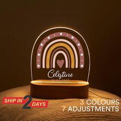 Personalized Rainbow Night Light for Kids, Custom Name Boho Nursery Lamp with Wooden Base, Baby Shower Gift, Child’s Room Nightlight Decor