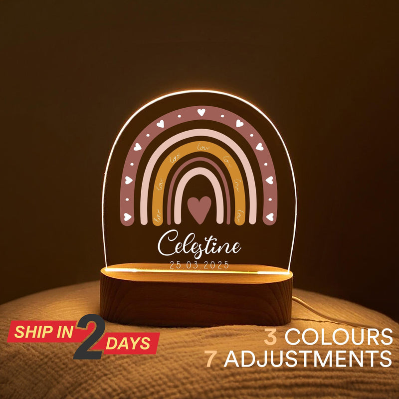 Personalized Rainbow Night Light for Kids, Custom Name Boho Nursery Lamp with Wooden Base, Baby Shower Gift, Child’s Room Nightlight Decor