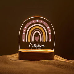 Personalized Rainbow Night Light for Kids, Custom Name Boho Nursery Lamp with Wooden Base, Baby Shower Gift, Child’s Room Nightlight Decor