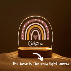 Personalized Rainbow Night Light for Kids, Custom Name Boho Nursery Lamp with Wooden Base, Baby Shower Gift, Child’s Room Nightlight Decor