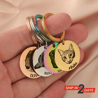 Custom Engraved Pet Portrait Keychain – Personalized Dog Photo Keyring, Cat Memorial Keepsake, Pet Lover Gift Tag