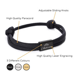 Personalised Paracord Name Bracelet, Custom Engraved Black Rope Bracelet with Silver Bead, Christian Symbol, Baptism Communion Birthday Gift
