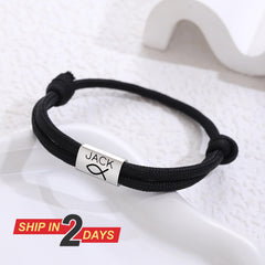 Personalised Paracord Name Bracelet, Custom Engraved Black Rope Bracelet with Silver Bead, Christian Symbol, Baptism Communion Birthday Gift