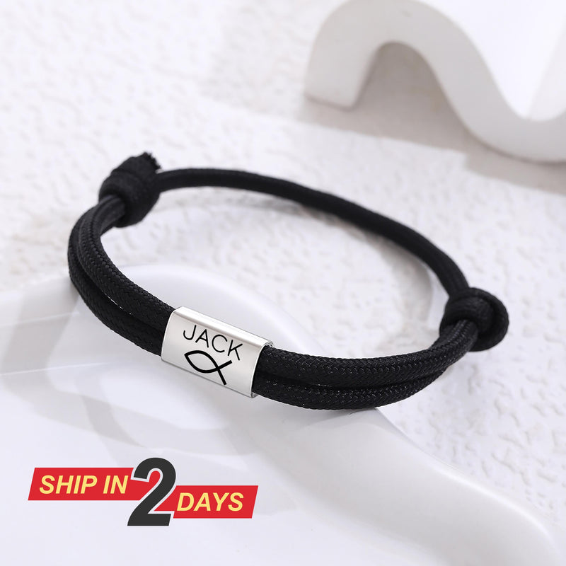 Personalised Paracord Name Bracelet, Custom Engraved Black Rope Bracelet with Silver Bead, Christian Symbol, Baptism Communion Birthday Gift