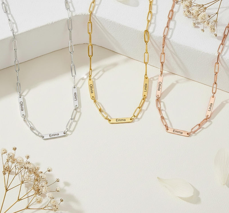 Personalized Paperclip Chain Name Necklace • Custom Engraved Bar Necklace • Minimalist Chain Jewelry Gift for Mom • Valentine’s Day Necklace