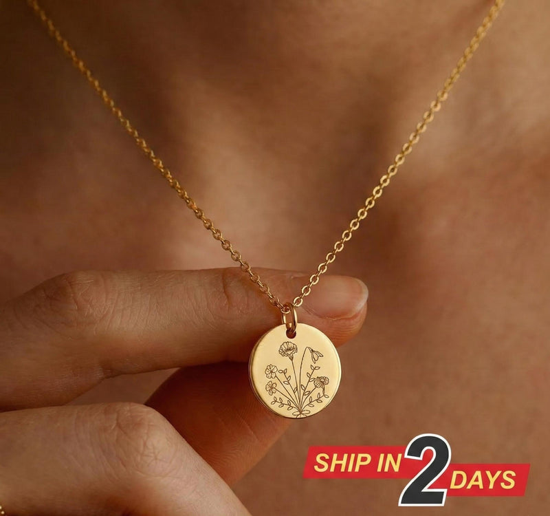 Personalized Birth Flower Necklace, Custom Family Birthstone Jewelry with Names Engraved Floral Pendant, Gift for Mom, Birthday Mother’s Day