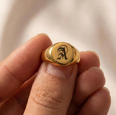 Personalized Initial Signet Ring, Custom Engraved Stainless Steel Ring, Gold Silver Statement Ring, Valentine Gift for Him Her