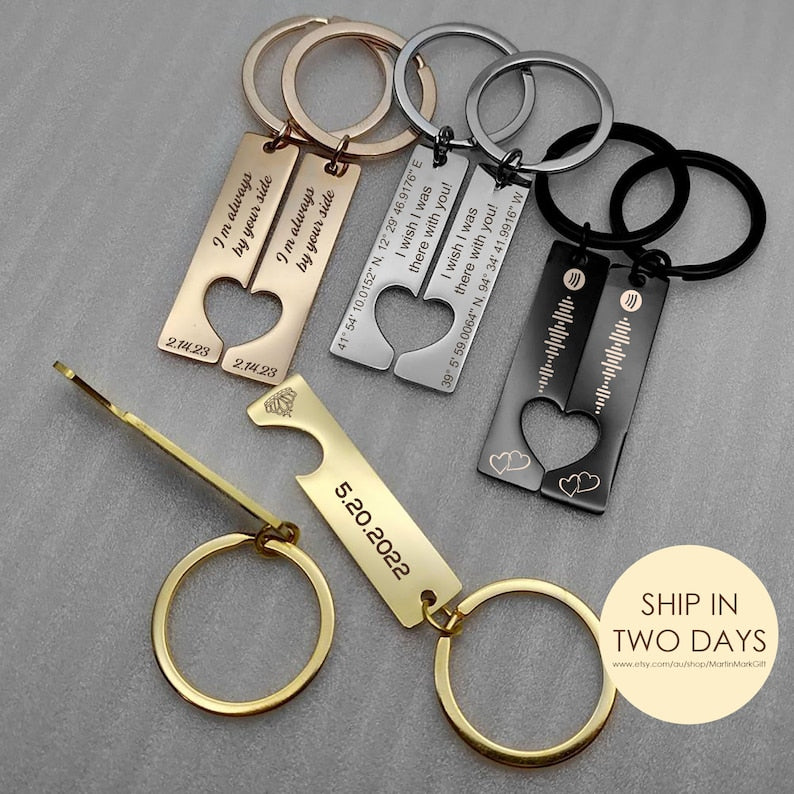 Personalized Couple Heart Keychain, Valentine Keychain, Special Date Location, Birthday Gift, Girlfriend Gift, Anniversary Gift Love Heart Gold
