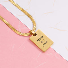 Personalized Custom Engraved Unisex Necklace - Silver or Gold Plated, 45+5cm Snake Chain, Rectangle Pendant - Men and Women Jewelry