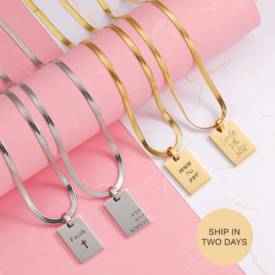 Personalized Custom Engraved Unisex Necklace - Silver or Gold Plated, 45+5cm Snake Chain, Rectangle Pendant - Men and Women Jewelry
